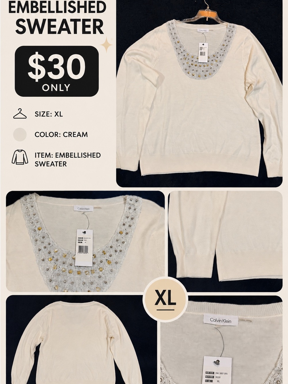 Calvin Klein Cream Embellished Scoop-Neck Sweater